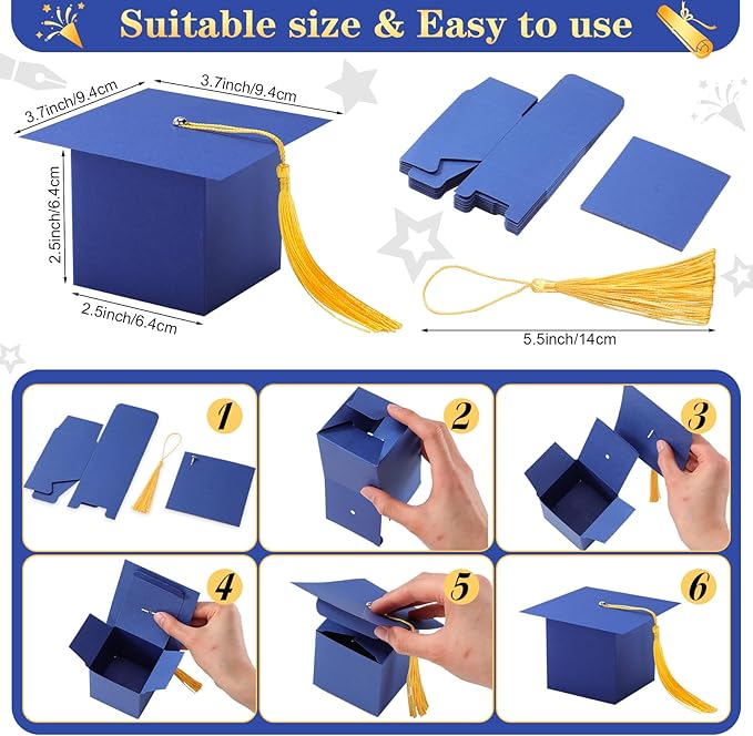 TaoBary 12 Pieces Graduation Candy Box Graduation Decorations Party Gift Boxes Graduate Cap Box Candy Chocolate Cookie Supplies for Ceremony Party(Royal Blue)