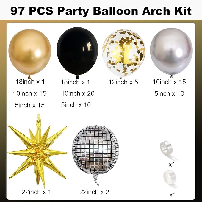 Black and Gold Balloon Garland Arch Kit New Year with 4D Disco Ball Explosion Star Balloons, Black Silver Gold Balloons for 2026 New Year Eve Grad Birthday Retirement Party Decorations