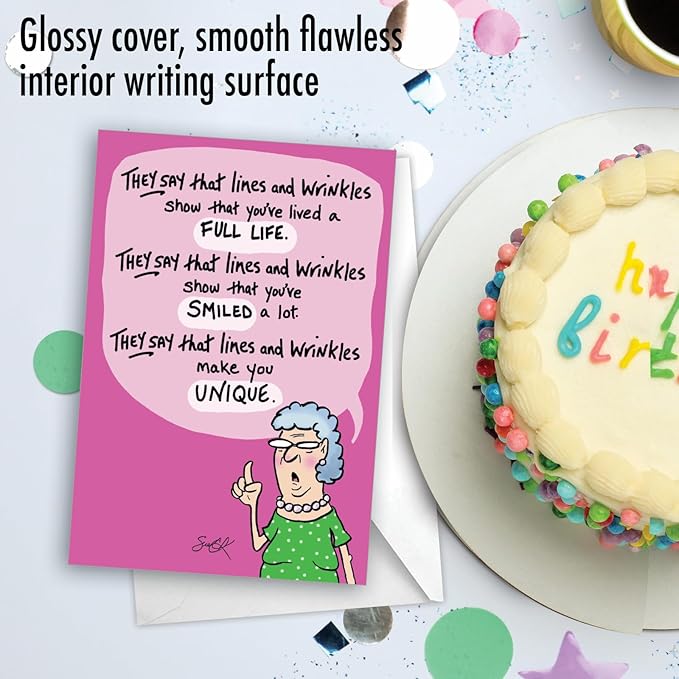 NobleWorks - 1 Funny Women's Birthday Card with Envelope - Cartoon Humor, Stationery Bday Celebration Card for Wife, Women - Lines and Wrinkles C9319BDG