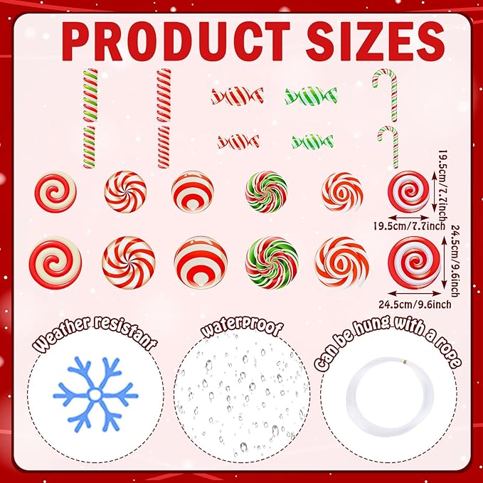 Huwena 24 Pcs Christmas Decorations Outdoor Christmas Hanging Ornaments Peppermint Candy Yard Signs Double Sided Lawn Decorations Peppermint Ornaments for Xmas(Red, Green，white)