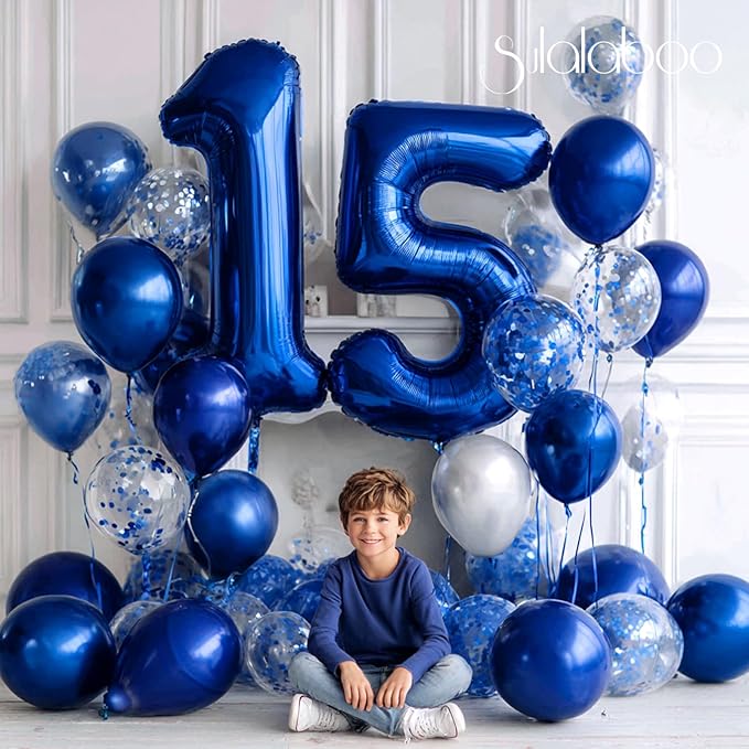 40Inch Navy Blue Number 15 Balloon Large Helium Royal Blue Number Balloons 0-9 Giant Digital 15th Foil Mylar Big Party Balloon for Boy Birthday Party Anniversary Graduation Decorations