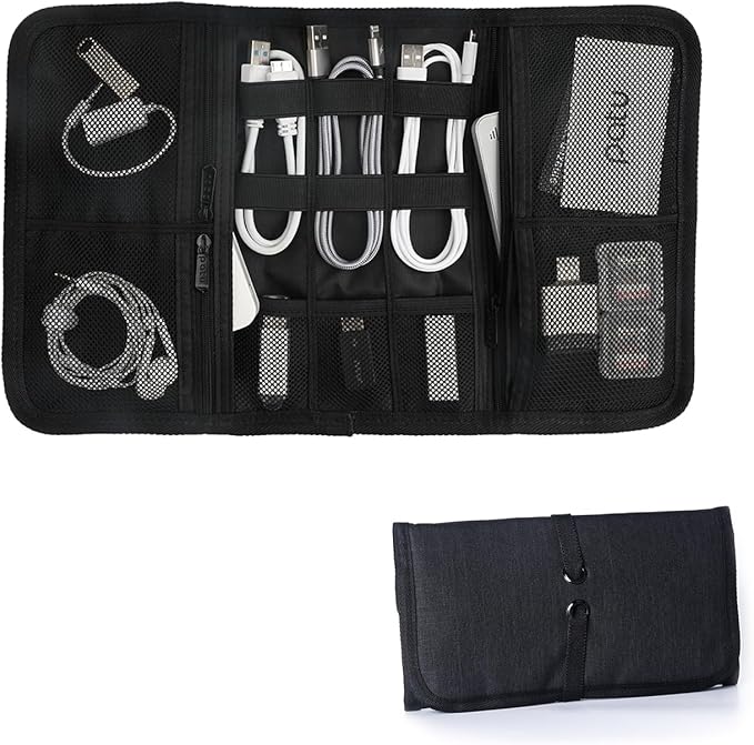 Patu Roll Up Electronics Accessories Travel Gear Organizer Case, Black - Portable Universal External Batteries Hard Drives Cable Management Healthcare Cosmetics Kit Bag