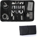 Patu Roll Up Electronics Accessories Travel Gear Organizer Case, Black - Portable Universal External Batteries Hard Drives Cable Management Healthcare Cosmetics Kit Bag