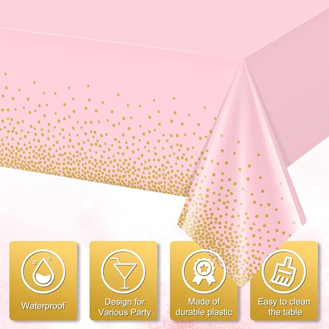 1 Pack Pink and Gold Plastic Tablecloth for Parties, Pink Disposable Table Cloth for Rectangle Tables, Gold Stamping Dot Confetti Light Pink Tablecloth for Birthday Wedding Baby Shower Party, 54x108"