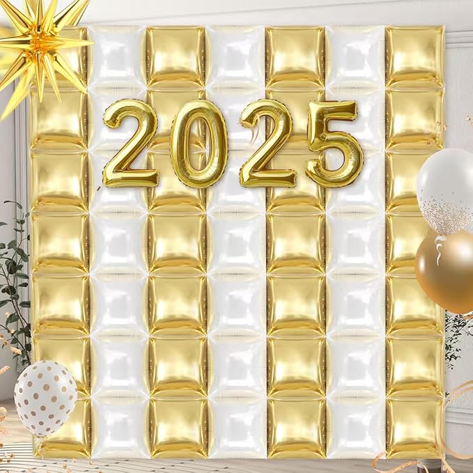 50PCS White and Gold Square Foil Balloon Wall, 19'' Reusable DIY Mylar Double Side Balloons Garland Tunnel Arch Kit for Anniversary Baby Shower Bachelorette Birthday Engagement Bridal Decor