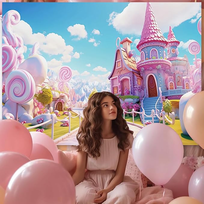 5x3ft Candyland Backdrop Pink Sweet Candy Castle Fairy Tale Photography Background for Girls Princess Birthday Baby Shower Party Decorations Kids Portraits Banner Photo Studio Props