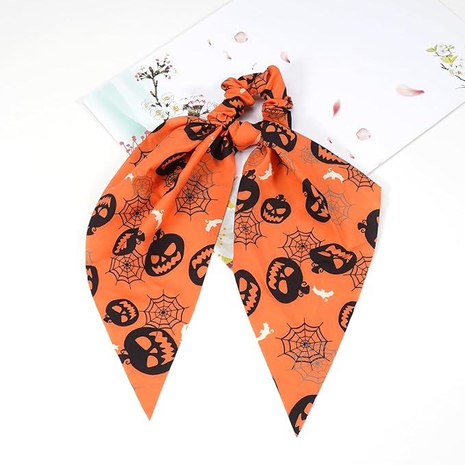 Halloween Hair Ties for Woman Girls Ghost Pumpkin Bat Hair Scrunchies Spooky Spider Web Elastic Ribbon Bow Hair Tie Halloween Party Supplies Hair Accessories 2PCS