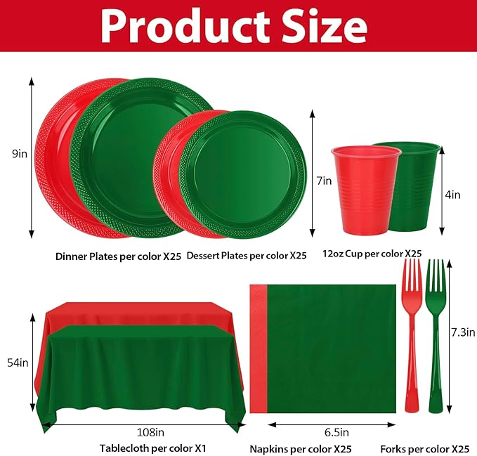 Red and Green Plastic Plates for Party,Disposable Tableware Kit with 50 9'' Plates,50 7'' Dessert Plates,50 Napkins,50 Forks,50 Cups & 2 Tablecloths for Birthday,Picnic,Christmas
