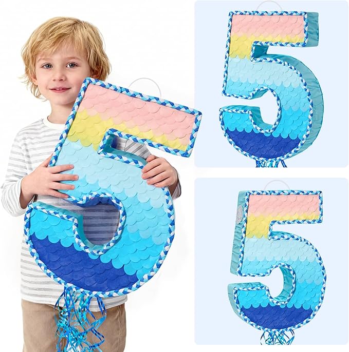 WERNNSAI Number 5 Piñata - Ombre Blue Pull String Piñata with Blindfold and Stick Birthday Party Game for Kids Boys Girls 5th Birthday Party Decorations （16.3" x 11.4" x 3")