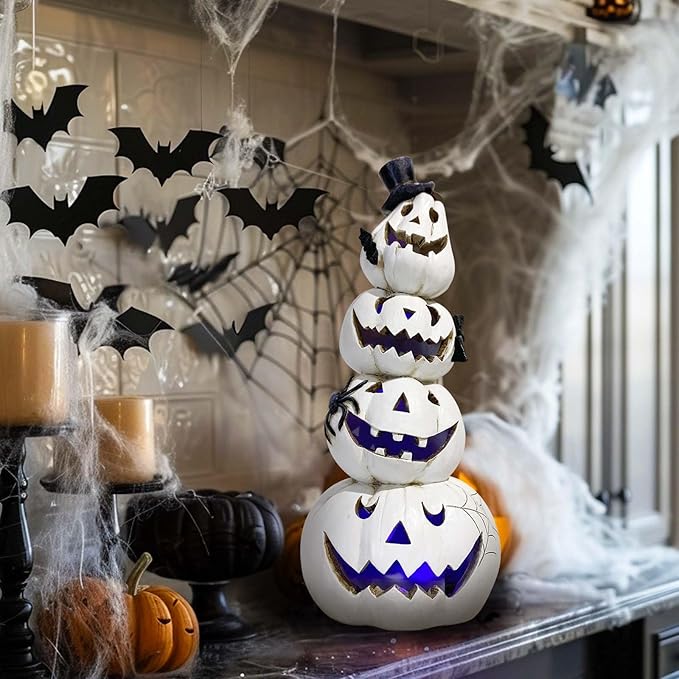 Hodao Halloween Pumpkin Decorations Indoor Halloween Decorations Clearance for Table/Window/Present Box/Gift/Courtyard Corridor (White Stacked Pumpkins)…