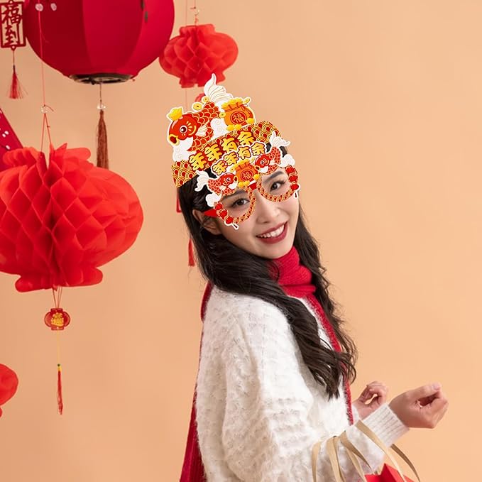 YVAINE 24pcs Chinese New Year Photo Props Party Supplies, 2026 Lunar New Year Crown Hats and Paper Eyeglasses for Year of The Horse 2026 Spring Festival Party Supplies