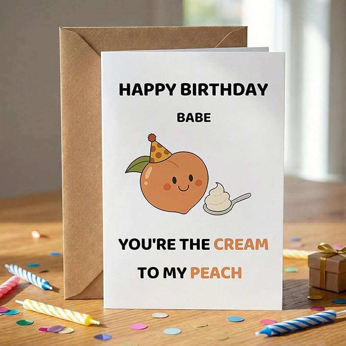 KINGNAME Cute Funny Birthday Card for Him Her, Peach and Cream Pun, Romantic Pun Card for Couple Partner, Cute Fruit Greeting Card