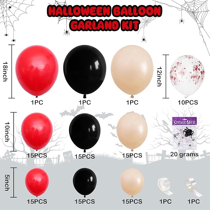 Scary Halloween Balloon Arch Garland Kit, Black Red and Apricot Horror Party Balloons with 3D Spider Decor, Clear Balloon with Blood for Halloween Spooky Zombie Horror Themed Birthday Decorations