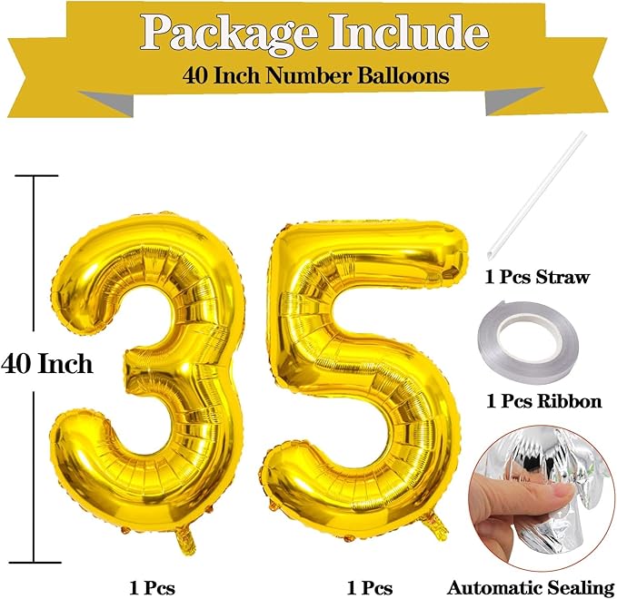 Giant Gold Number 35 Balloons, 40 Inch Jumbo Number 35, Large Foil Mylar Balloons for Girls Women 35th Birthday Party Decorations, 35 Anniversary Events Decorations