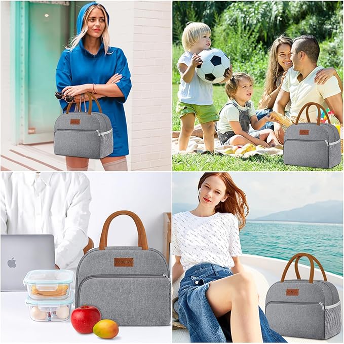 Coobiiya Lunch Bag Lunch Box for Women Men,Small Leak-proof Cute Lunch Tote Large Capacity Reusable Insulated Cooler Lunch Container for Work/Office/Picnic/Beach，Grey