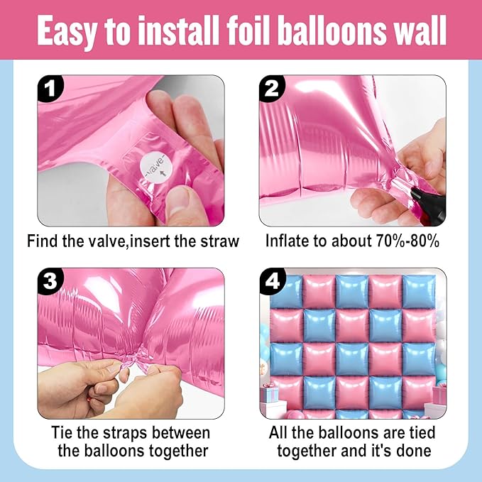 50Pcs Pink and Blue Square Foil Balloons Wall Backdrop, Double Sided Metallic Foil Balloons Tunnel Arch Garland Kit for Photo Booth Birthday Wedding Halloween Christmas Party Decorations