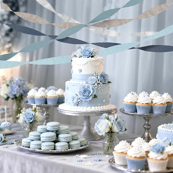 NICROLANDEE 5 Rolls Dusty Blue Grey Silver Crepe Paper Streamers for Wedding Decorations, Paper Garland Decoration for Something Blue Bridal Shower, Birthday, Bachelorette, Baby Shower Backdrop