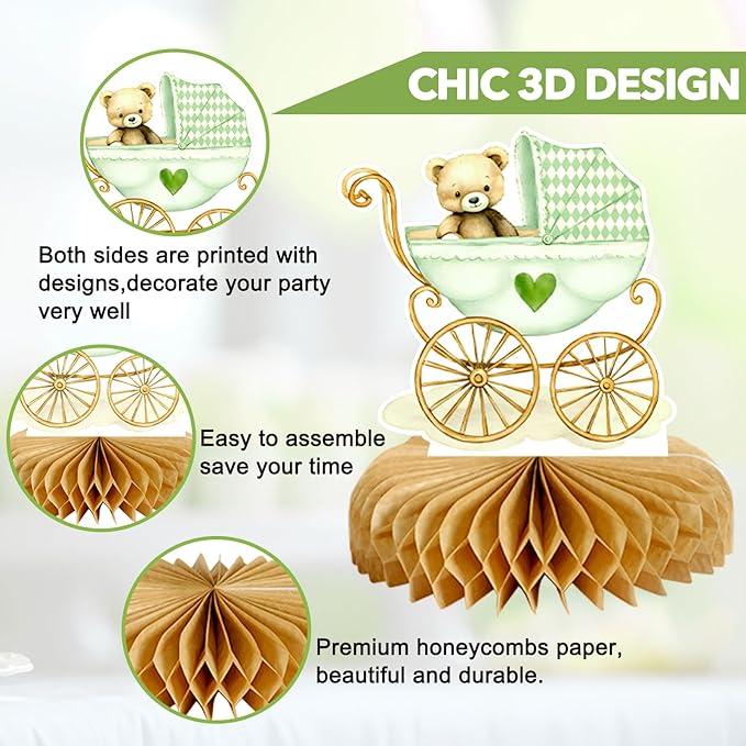 8Pcs Bear Baby Shower Decorations Honeycomb Centerpieces for Boy, Confetti Baby Shower Table Decorations Birthday Party Table Centerpieces Toppers Party Decor (Green)