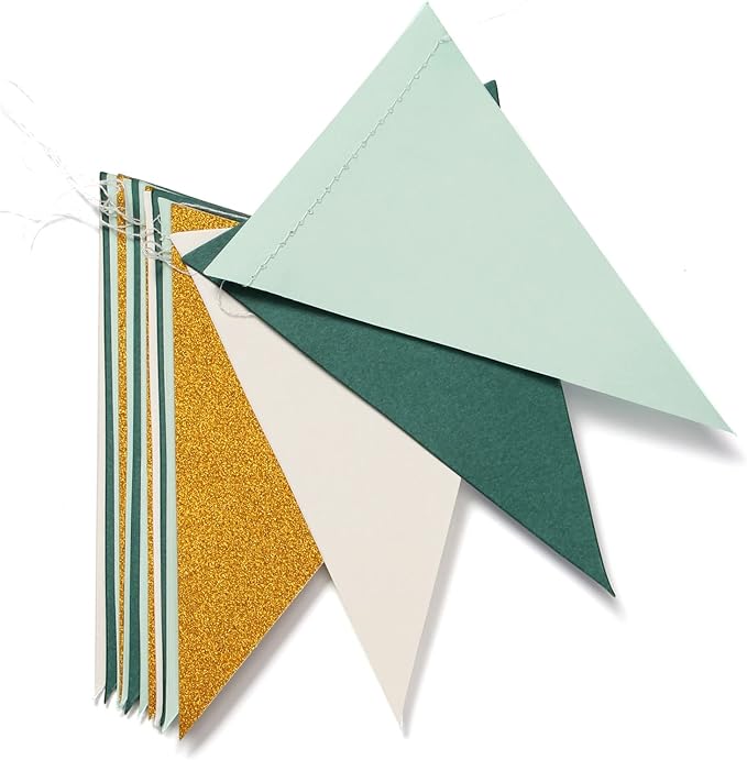 Sage Green Ivory Gold Pennant Banner,2 Pack Paper Triangle Flags,Baby Bridal Shower Safari Jungle Birthday Tropical Party Decorations Wedding Bachelorette Engagement Bunting Lasting Surprise