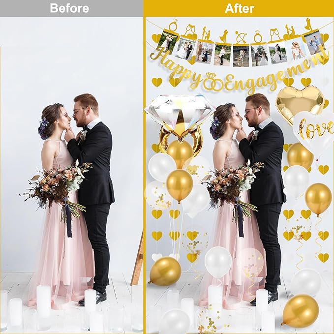 Engagement Party Decorations - Gold Engagement Congratulations Decor, HAPPY ENGAGEMENT Banner, Thickened ECO Ring Balloon Kit with Photo Timeline Banner, Heart Streamers Garlands