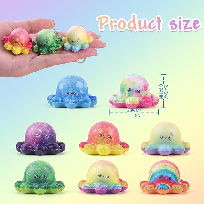 Anboor Octopuses Squishies, 8 Pack Mini Octopi Squeeze Toys for Kids Foam Octopus Squish Keychian Fidget Toys