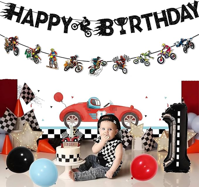 Zwiebeco Motorcycle Happy Birthday Party Decoration Banner Bunting Garland Hanging Paper for Harley Inspired Dirt Bike Racing Theme Boys Girls Men Women Kids Adults Birthday Decor Accessories Supplies
