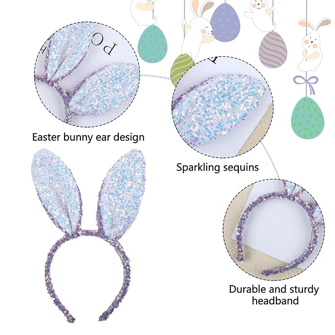 Macute Easter Headband Purple Bunny Ears Headband Rabbit Ears Sequin Beauty Headdresses Fashion Hair Accessories Easter Hairband Gift for Girls Women