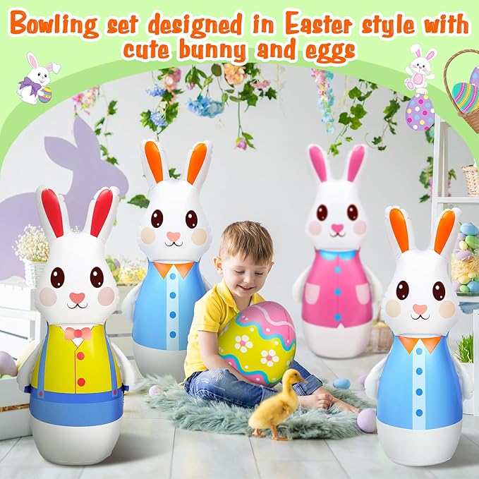 Shappy 12 Pcs 28 Inch Giant Inflatable Easter Bunny Bowling Set with Egg, Inflatable Easter Game for Kids Adults Family, 10 Pins and 2 Balls for Party Toys Indoor Outdoor Holiday Activities