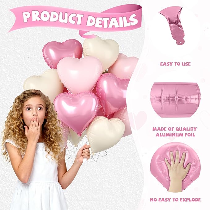Pink Heart Balloons, 10 Pcs Pastel Light Baby Pink White Foil Heart Shaped Balloon, 18 Inch Cream Sand White Balloons Helium for Engagement, Brithday, Baby Shower, Wedding, Valentines Party Decoration