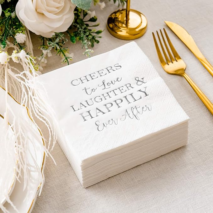 Crisky 3-Ply 50 Count Bridal Shower Napkins Disposable Cocktail Napkins Silver Foil Text Beverage Desert Cake Napkins for Engagement Party Decorations & Wedding Shower, Rehearsal Dinners Napkins