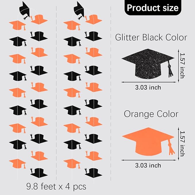 Black and Orange Graduation Garland Graduation Party Decorations Class of 2026 Grad Cap Garland Banner Streamers for Grad Party Hanging Decorations 39Feet