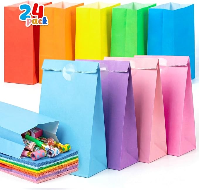 VGOODALL 24PCS Colored Paper Bags, Party Favor Treat Bags with Stickers Goodie 9 Colors for Wedding Birthday Baby Shower 8.7”x 4.7”x 3”