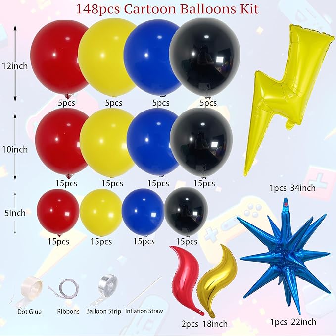 148PCS Red Blue Yellow Balloon Arch Garland Kit with Black Fire Flash Lightning Star Balloons for Cartoon Theme Party Supplies, Boys Birthday Decorations, Gaming or Superhero Style