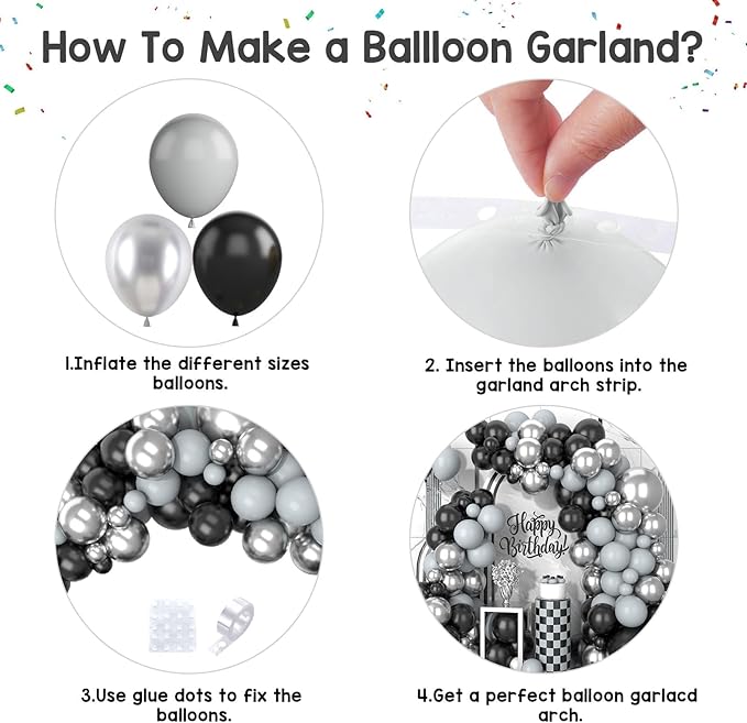 Black and Silver Balloon Arch Kit, 102Pcs Metallic Silver and Black Balloon Garland Kit Gray Party Balloons Grey Latex Balloons for Birthday Party Baby Shower Wedding Bridal Shower