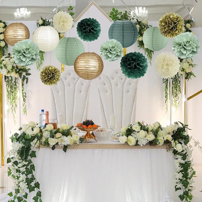 Sage Green Party Decorations, Paper Lanterns and Pom Poms Flowers for Birthday Party Baby Shower Wedding Shower Decor Gold/Ivory/Sage Green 15pcs
