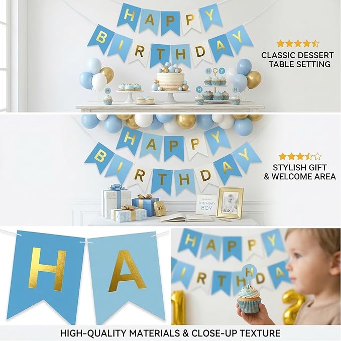 Blue Happy Birthday Banner,Navy Blue and Gold Party Decorations Sigh for Birthday Decor,Backdrop Birthday Party Supplies,No DIY for Girls Boys Kids and Women Party Hanging