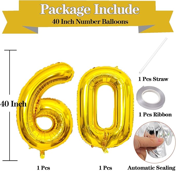 Giant Gold Number 60 Balloons, 40 Inch Jumbo Number 60, Large Foil Mylar Balloons for Girls Women 60th Birthday Party Decorations, 60 Anniversary Events Decorations
