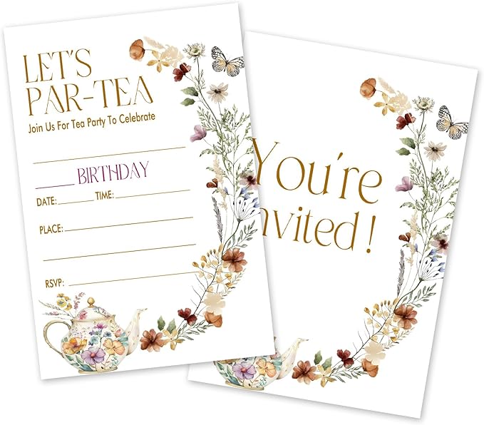 Let's Par-Tea Birthday Invitations, 25 Floral Tea Party Invites Cards with Envelopes, Double-Sided Fillable, Birthday Invitations for Teens Adults, Birthday Party Supplies (4 x 6 Inch) -A18