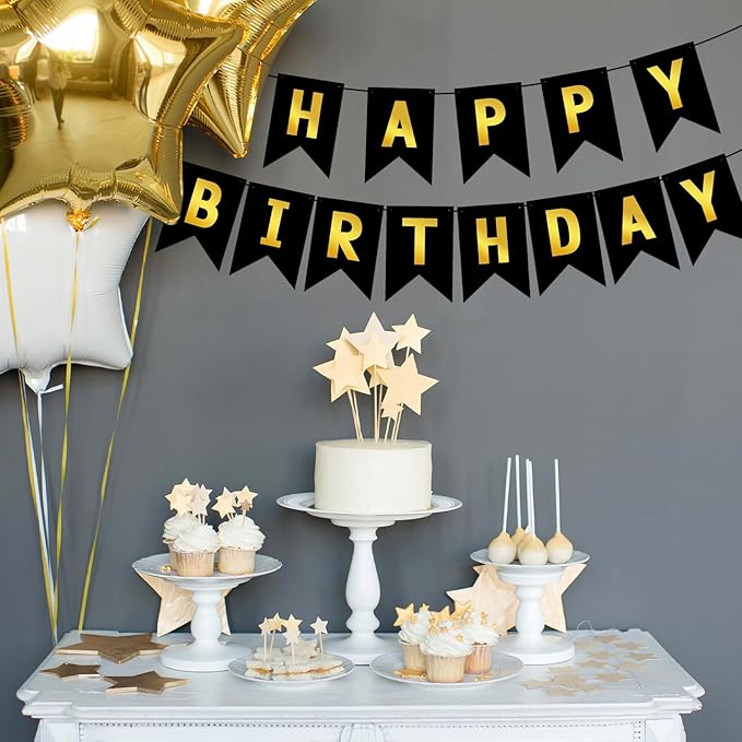 Black Happy Birthday Banner Sign Black Gold Bunting Banner Garland for Kids Girl Woman Birthday Tea Party Decorations Bunting Flag Birthday Party Supplies