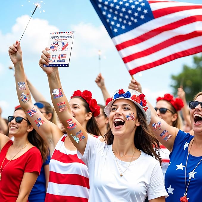 Partywind 60 Pcs Labor Day Decorations, Glitter USA Patriotic Tattoos Sticker, 4th of July Outfits for Women, Red White and Blue Accessories, Memorial Day, Independence Day Party Favors