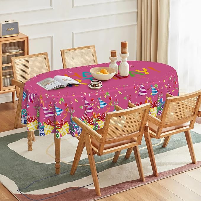 Horaldaily Birthday Tablecloth 60x84 Inch Oval, Happy Birthday Ballon Pink Washable Seasonal Table Cover for Party Picnic Dinner Decor