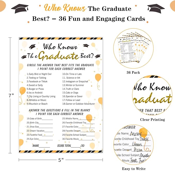 FaCraft 36PCS Who Knows Graduate Best Game Cards Class of 2026 Party Games Activities for High Senior College School Graduation Favor Supplies Graduation Decorations