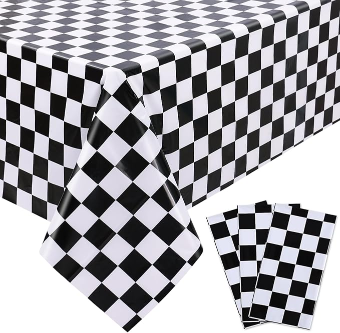 Kesfey 3 Packs Black and White Checkered Tablecloths 54 x 108 Inches Disposable Plastic Checkered Flag Racing Table Cover Waterproof Rectangle Race Car Table Cloth for Picnic Party Retro Celebration