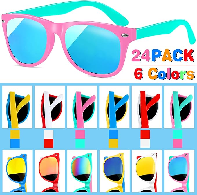 GINMIC Kids Sunglasses Bulk Party Favors, 24Pack Valentines Day Gifts UV 400 Protection Neon Sunglasses for Boys and Girls, Party Favor, Birthday Classroom Goodie Bags Party Supplies.