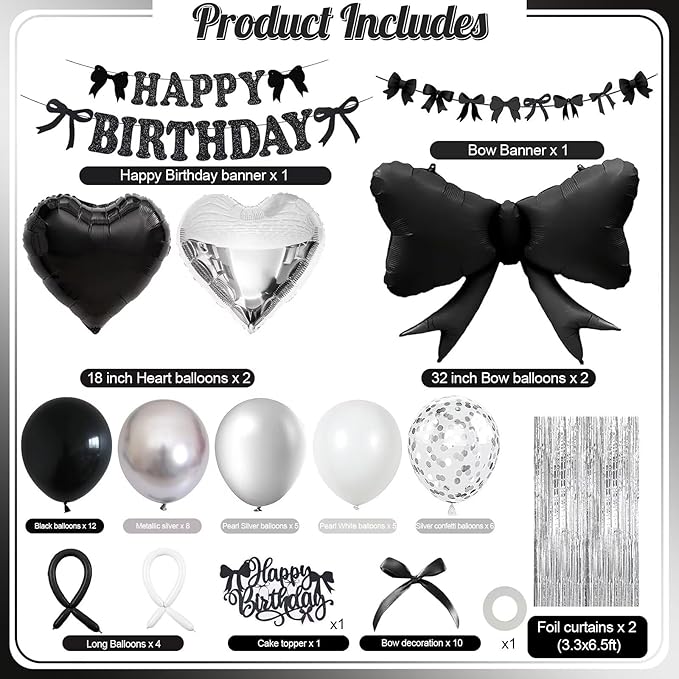 Black Bow Birthday Decorations, Coquette Bow Black and White Silver Balloons with Happy Birthday Banner Fringe Curtain Cake Toppers for Women Girls Baby Shower Party Supplies