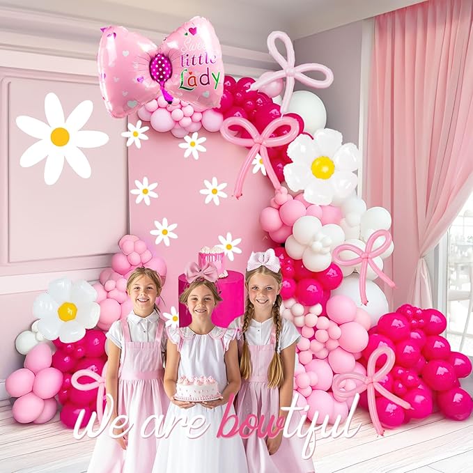 Hot Pink and White Daisy Bow Balloon140pcs with DIY Bow Daisy Balloons for Cute Cartoon Birthday Girl Bow theme Baby Shower Party Coquette birthday decorations