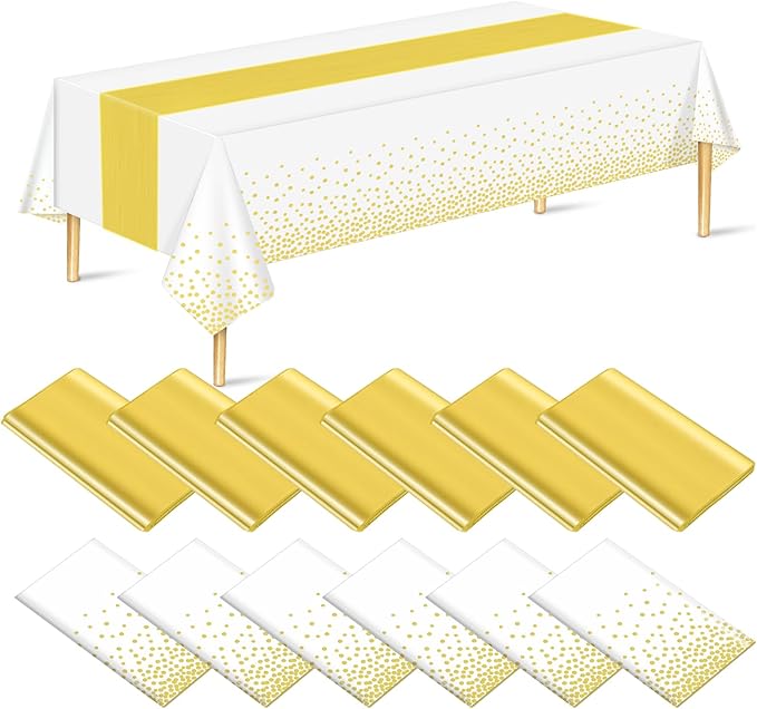 12 Pack White Gold Tablecloth and Table Runner Set Party Decorations, White and Gold Plastic Disposable Tablecloth and Satin Table Runner for Wedding Birthday Party (White and Gold)