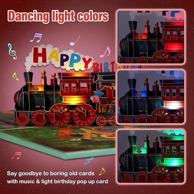 FaCraft Train Musical Birthday Cards for Kids - Music and Light, 3D Pop Up Happy Birthday Cards with Envelope Blank Insert for Boys Women Men Girls