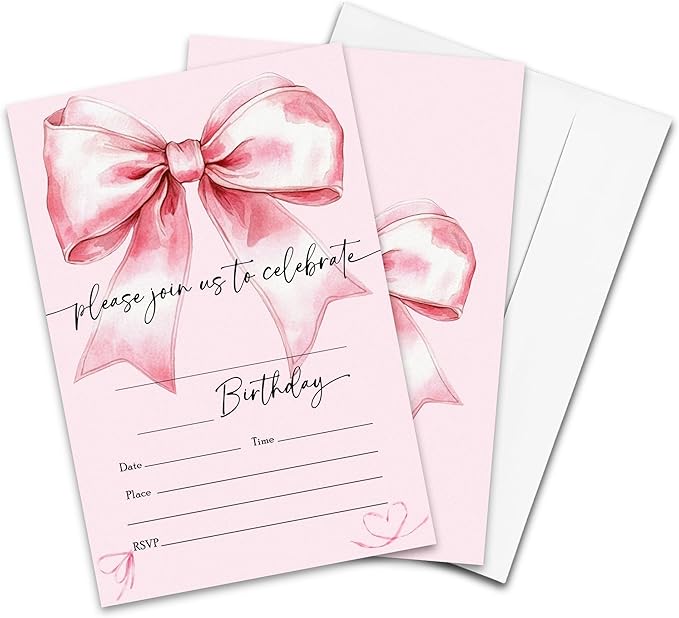 Watercolor Pink Bow Birthday Party Invitations - 20-Pack of 4''x6'' Invite Cards with Envelopes, Double-Sided Fill In Birthday Party Celebrate Supplies & Decoration For Girls Women Teens - A01