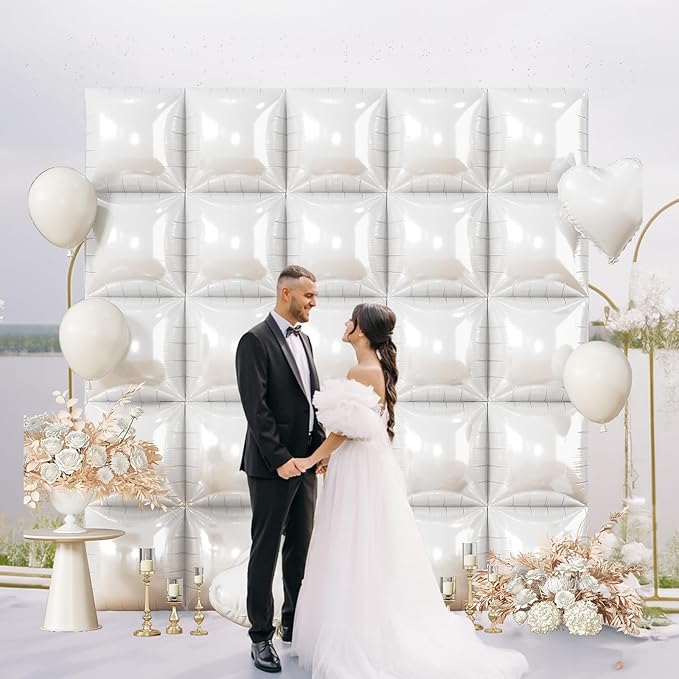 White Square Foil Balloons Wall, 25PCS Double Sided Pearl White Balloons Backdrop Wall Tunnel Arch Kit Background Decorations for Girl Women Birthday Wedding Baby Shower Bridal Engagement Heaven Party